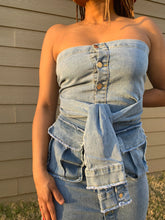 Load image into Gallery viewer, Denim dress with sleeve tie belt 
