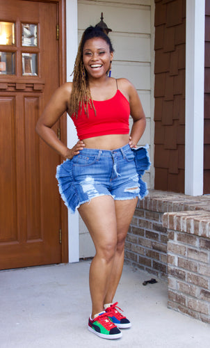 Ruffle Shawty Denim Short Shorts 